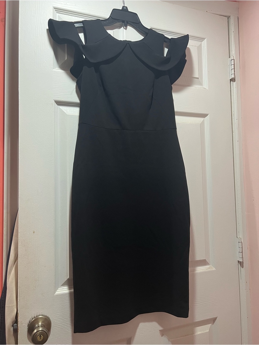 Calvin Klein Black Off-Shoulder Ruffle Sheath